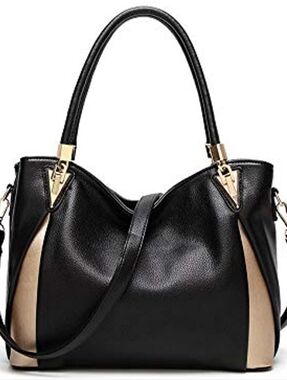Classic Black Tote with Beige Accents - Women's Handbag